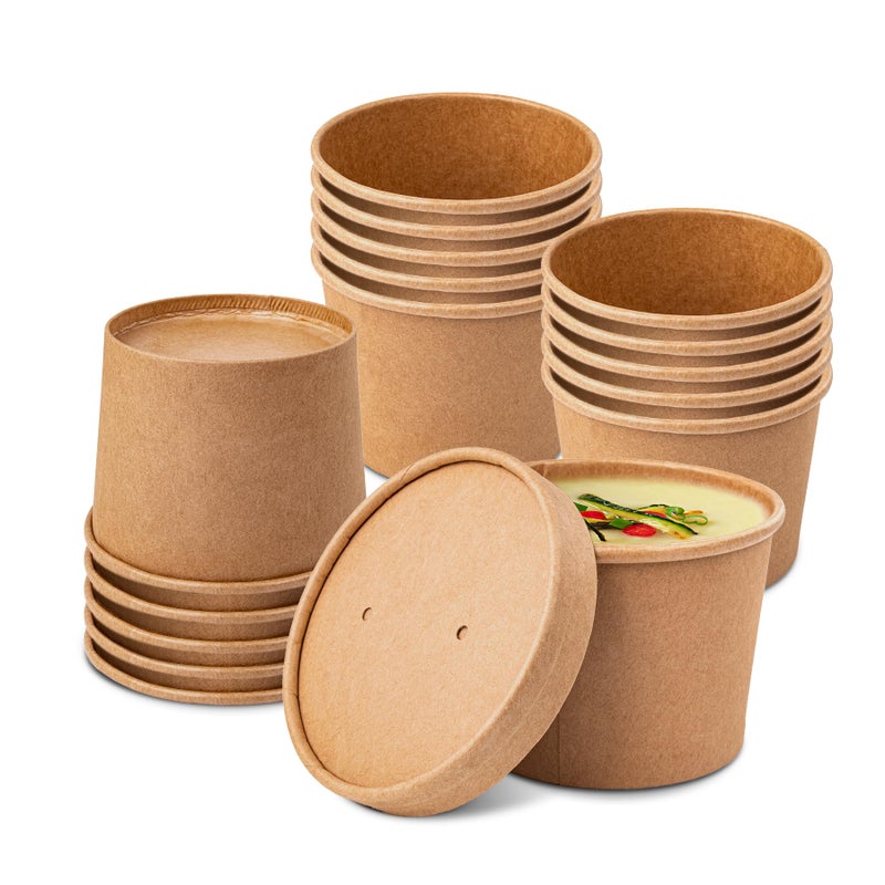 PakTalk 50 Pack Soup Containers with Lids Disposable and Biodegradable Ice Cream Cups Kraft 12oz Paper Soup Bowls with Lids for Hot Drinking Food and Ice Cream 50 sets 12 oz